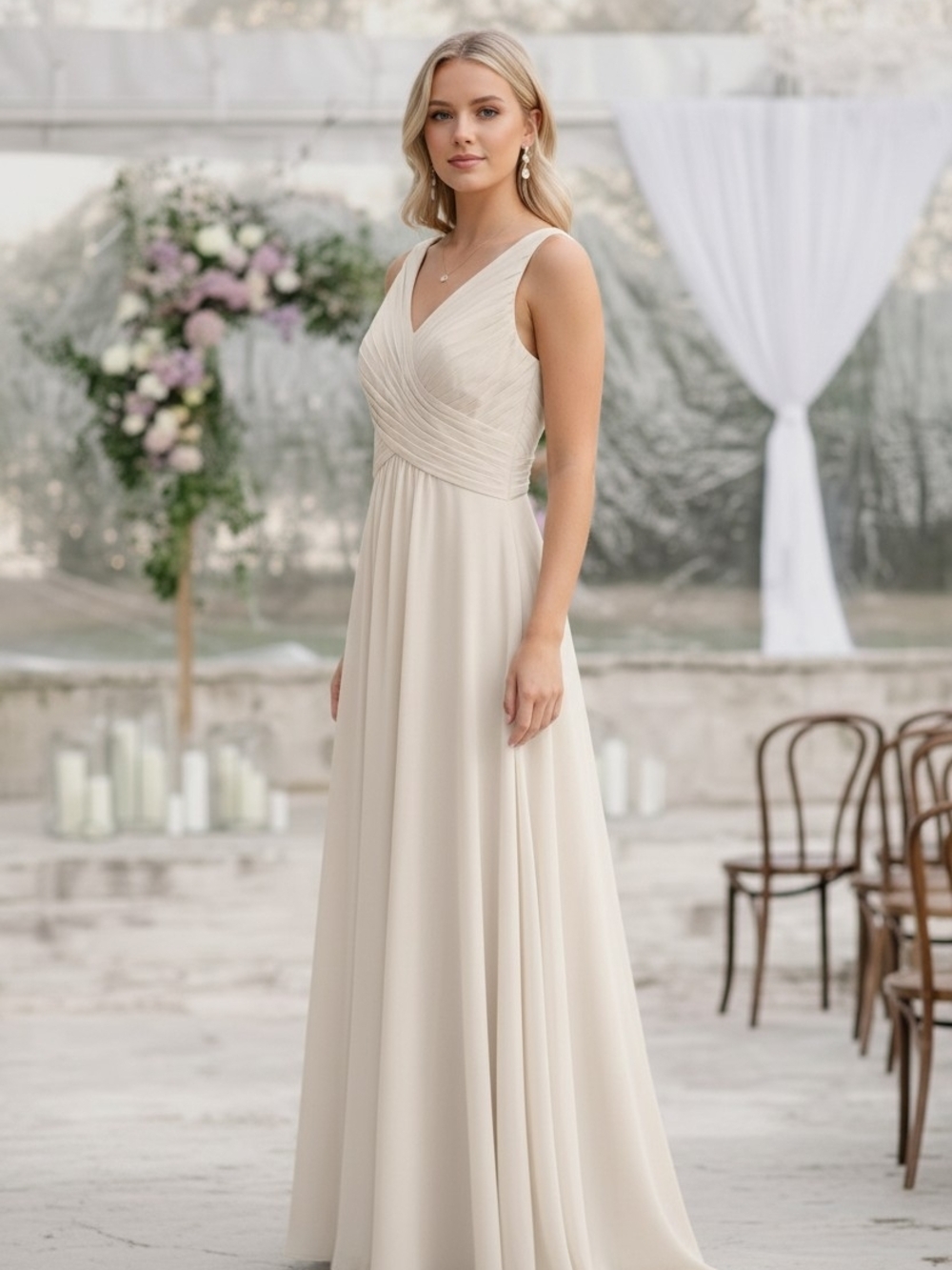 Azazie Cream V-Neck Ruched Bodice Maxi Dress